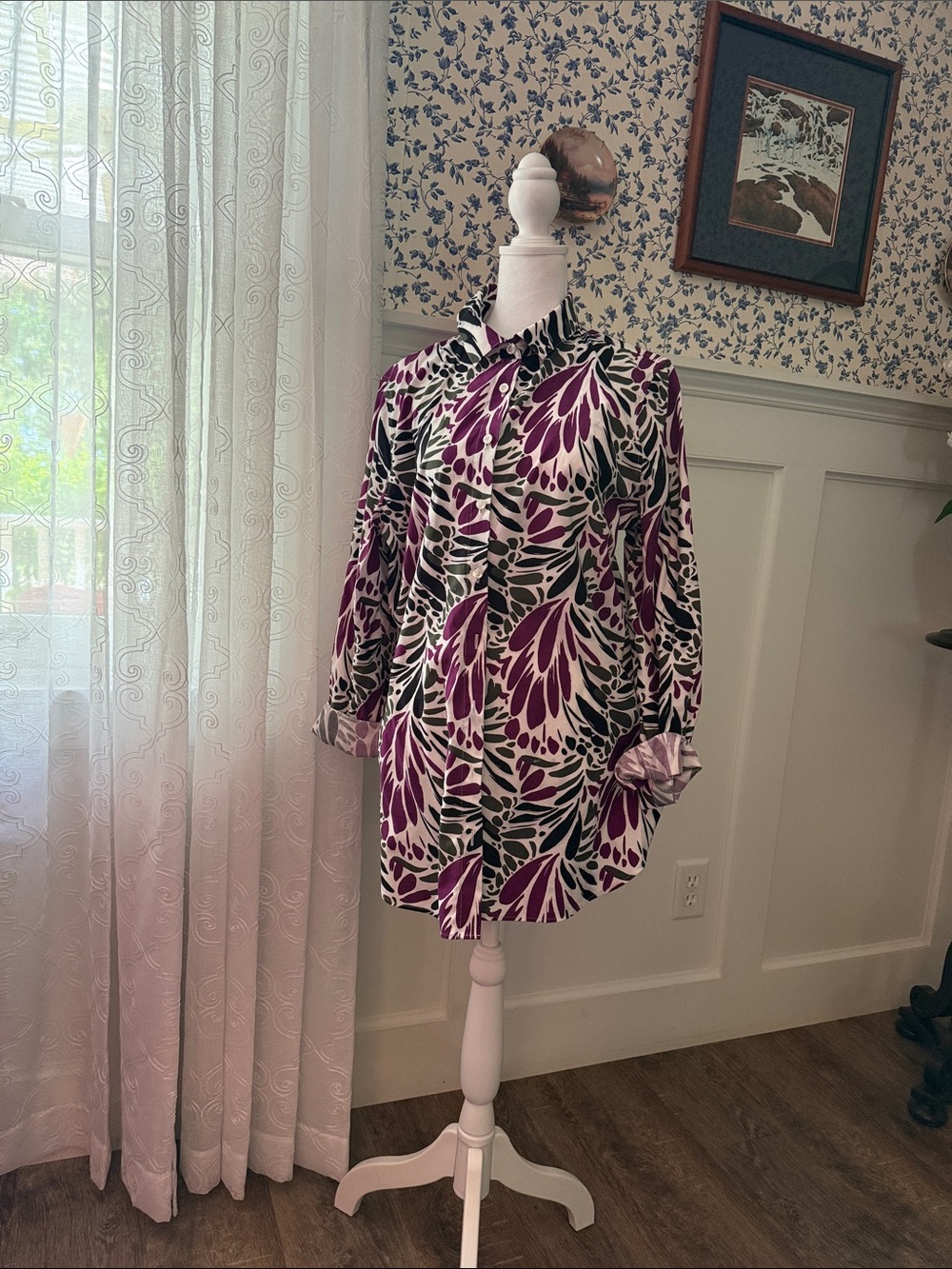 Chico's White Blouse with Purple and Black Abstract Print